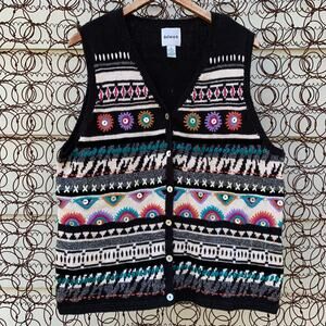 VTG 90s art deco sweater vest striped ribbon embroidery mother of pearl button